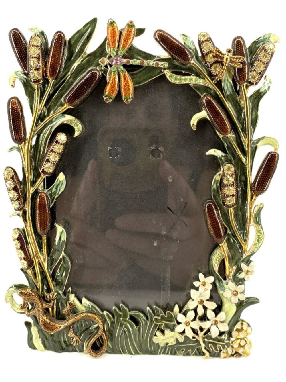 Folio Picture Photo Frame Enamel Crystal Dragonfly Cattail Floral Fauna 4x6”